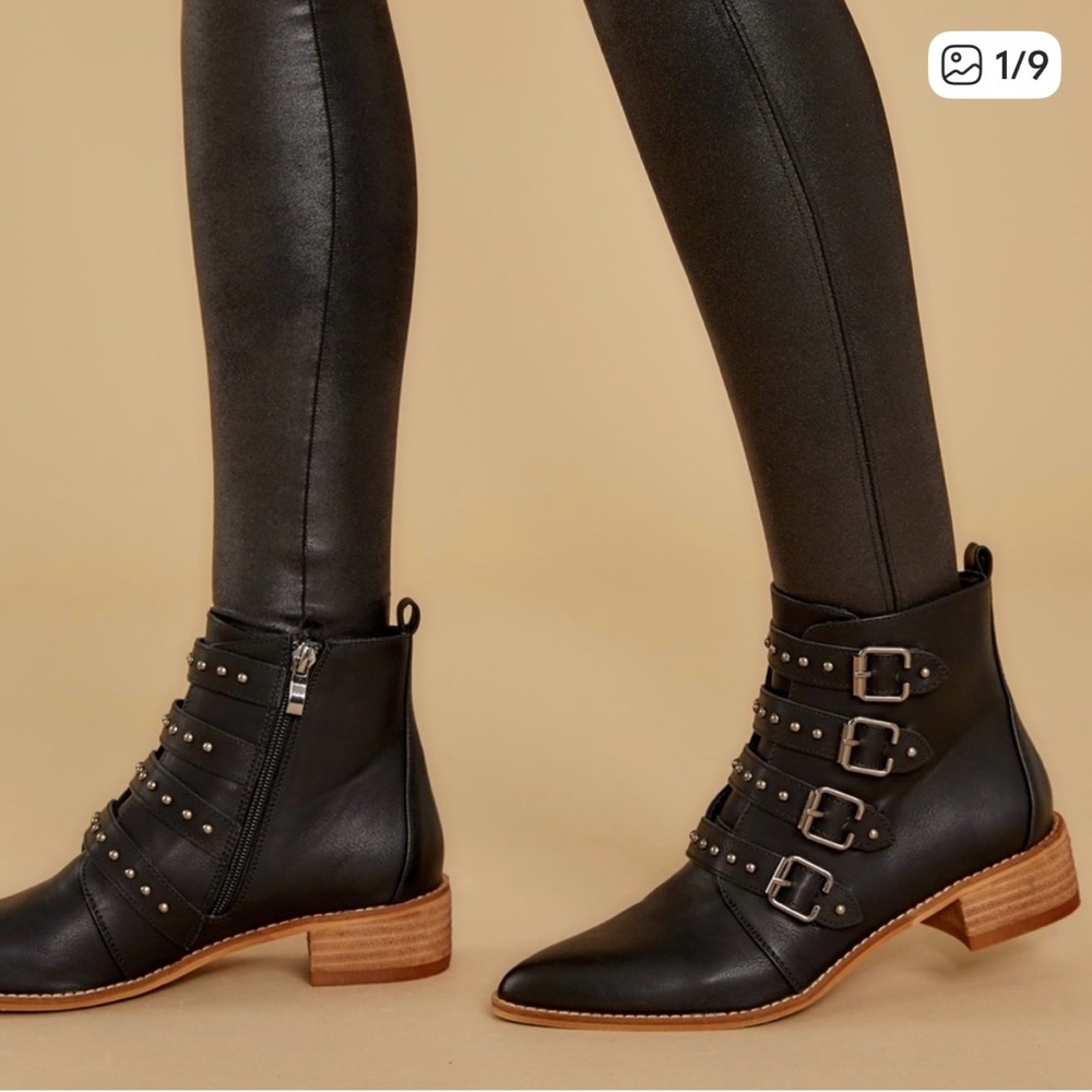 Studded Black Ankle Boots with Four Buckles